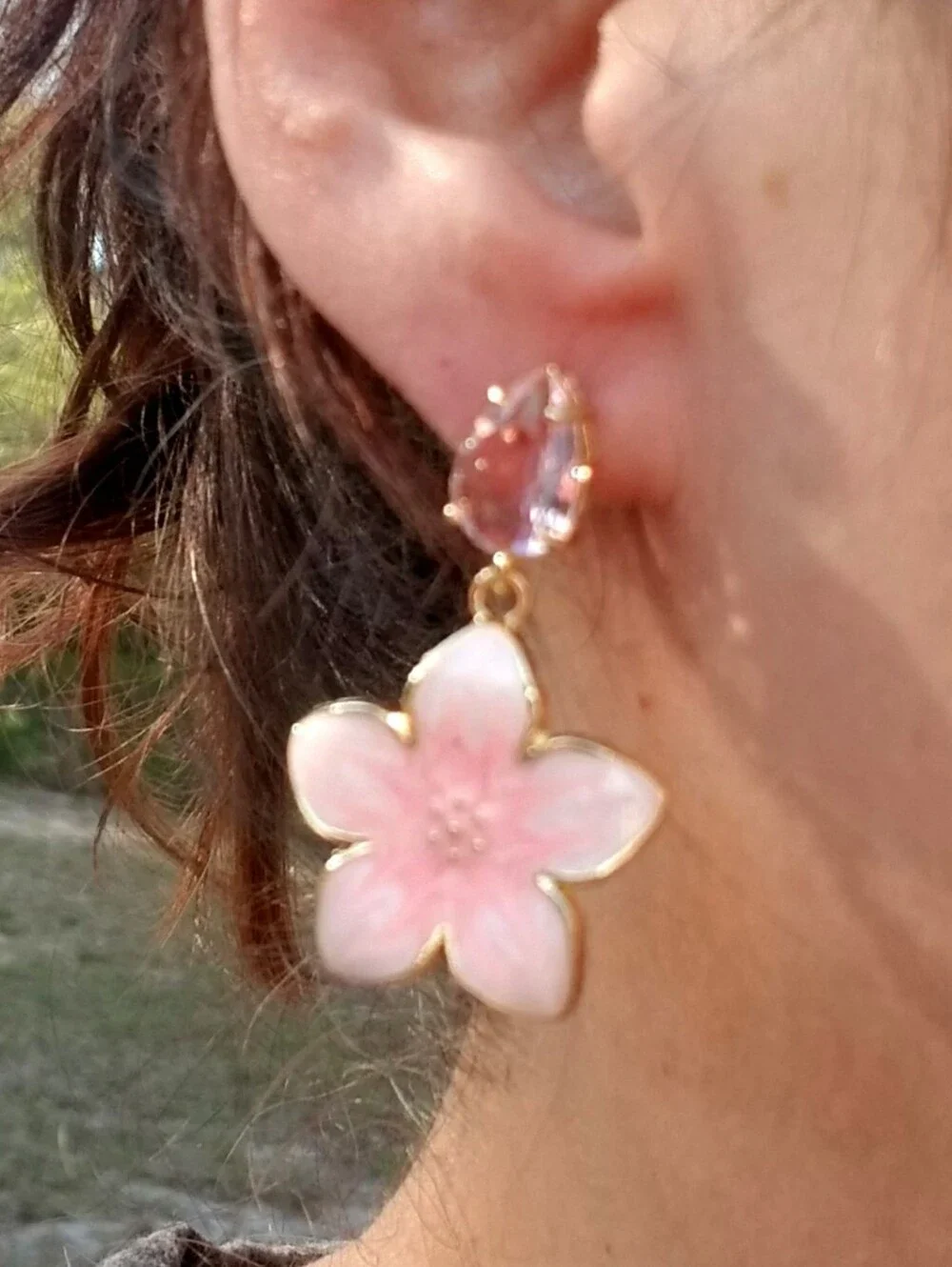 14k Gold Pink Tourmaline Floral Stud Earrings, Pink Flower Dangle Earrings